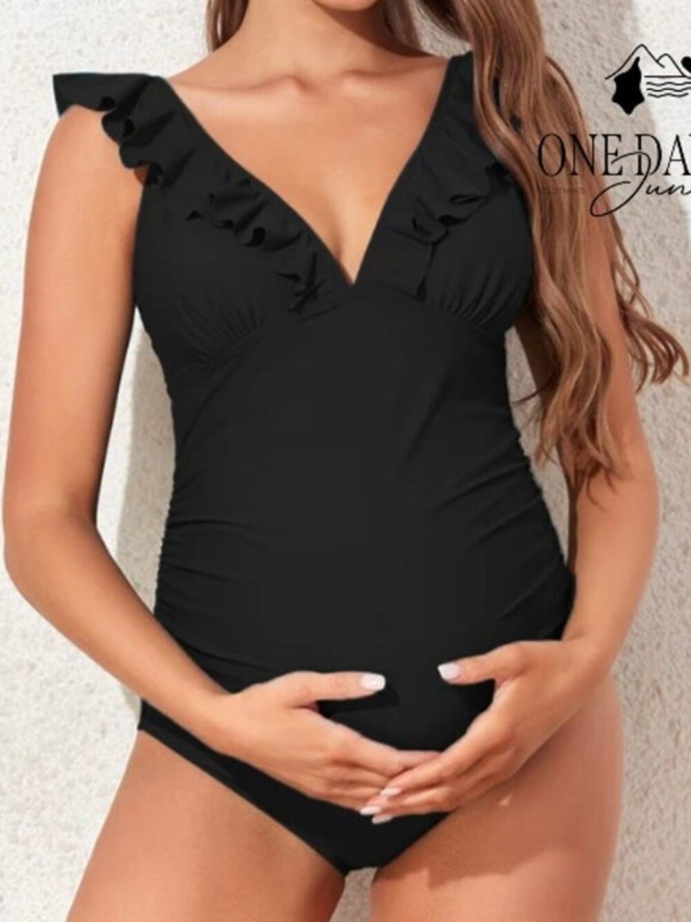 Motherhood Maternity Ruffle-Front One-Shoulder Maternity UPF 50+ One Piece